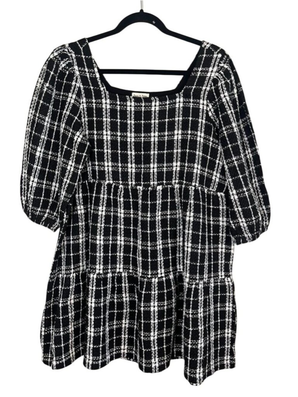 Neutral Plaid Babydoll Dress Black M Boho Indie Festival Festive Holiday Checks